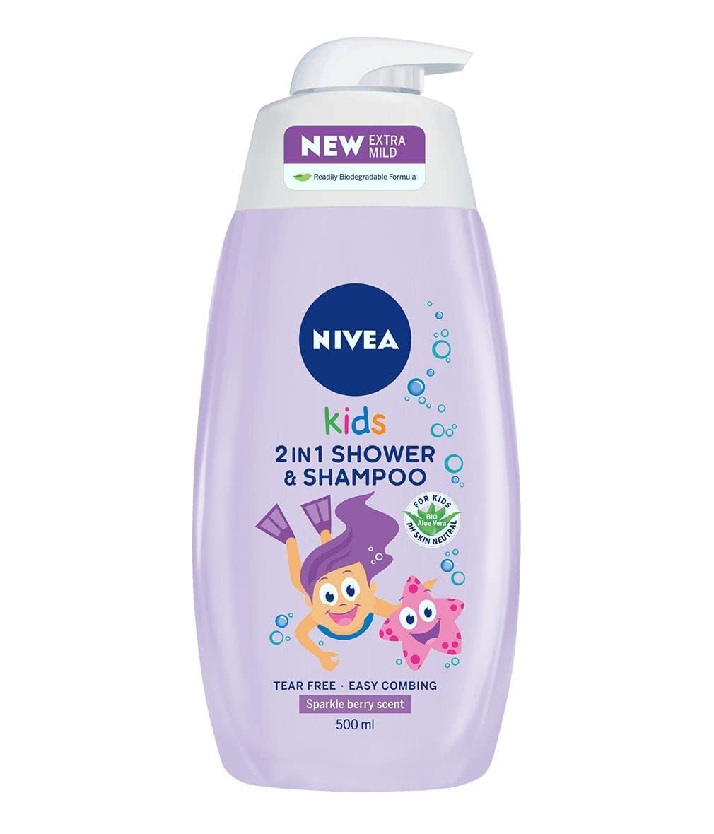 Nivea Kids Hair & Body Shampoo 500ml Sparkle Berry 3 in 1 for Children No-tear Formula Easy Brushing Organic Aloe Vera Skin Neutral Ph Chamomile Soap-free Formula (Pack of 2)