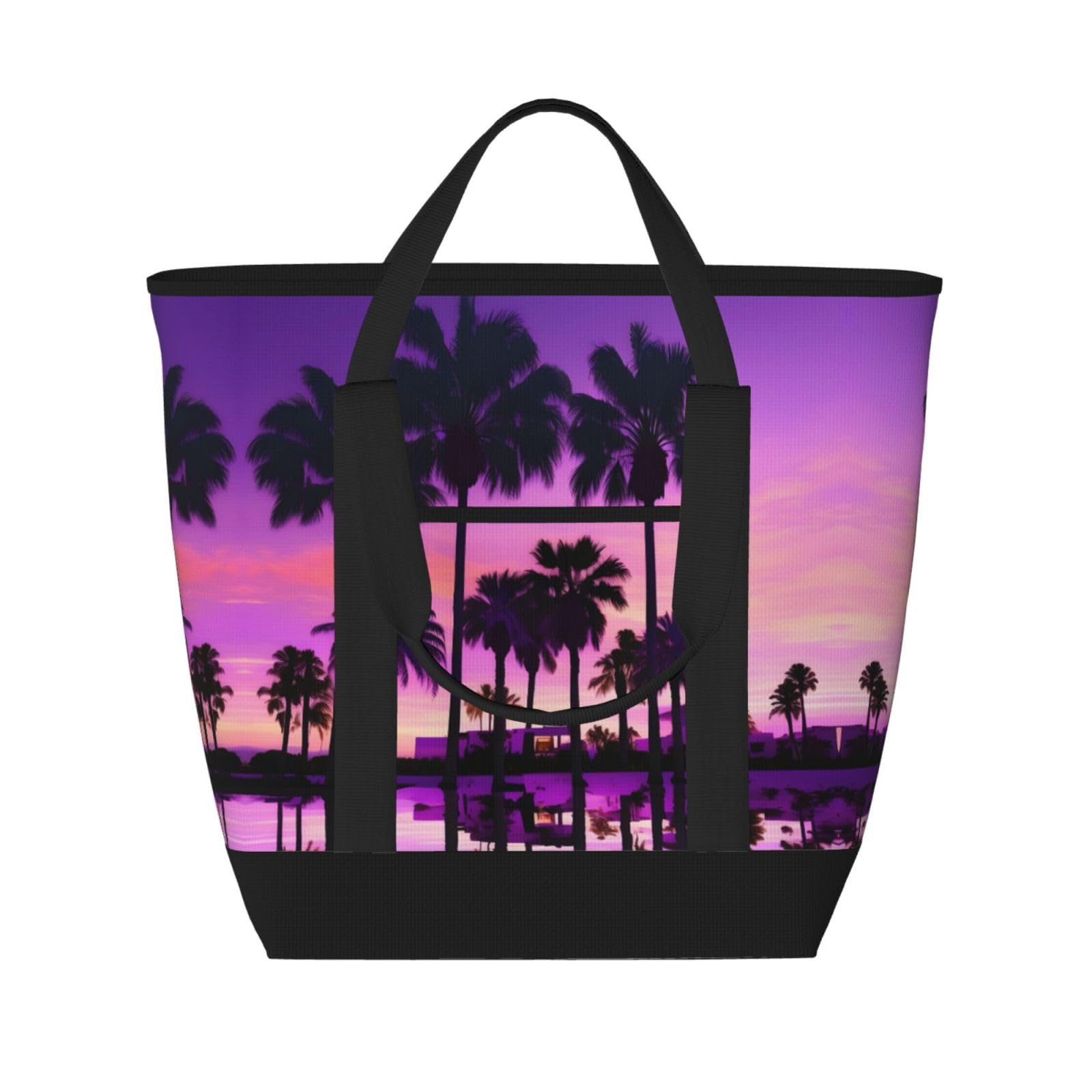 YQxwJL Isolierte Kühltasche mit Palmenmotiv, Motiv: Sonnenuntergänge, große Kapazität, Einkaufstasche, Reisetasche, Strand, wiederverwendbare Einkaufstasche für Erwachsene, Schwarz, Einheitsgröße