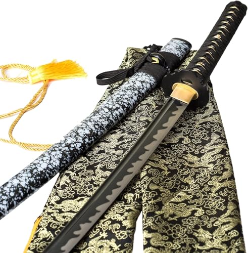 MAUXpIAO 40 Zoll handgeschmiedetes japanisches Samurai-Schwert Full Tang 1060 Kohlenstoffstahl Eisen Tsuba geschmiedet gefaltet roter Damaststahl echtes Katana-Schwert echt/B/70.5cm