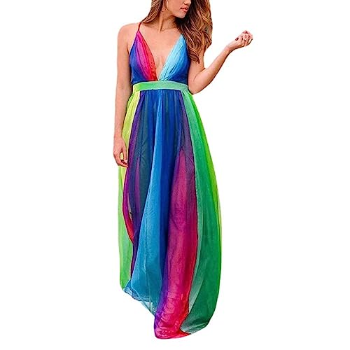 Trägerkleider Für Damen – Sexy Tiefes V-Rückenfreies Regenbogen-Chiffon-Sling-Kleid, Maxirock, Buntes, Ärmelloses Sommerkleid Mit Hoher Taille Und Großem Swing-Kleid, Wie Abgebildet, M