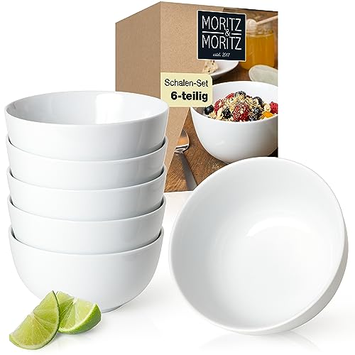 Moritz & Moritz BASIC Schüssel Set 6-teilig – Ø 14 x 7 cm mit ca. 500 ml Füllmenge – aus hochwertigem Porzellan in klassischem Weiß – Für Suppen, Salate, Desserts, Müsli und mehr