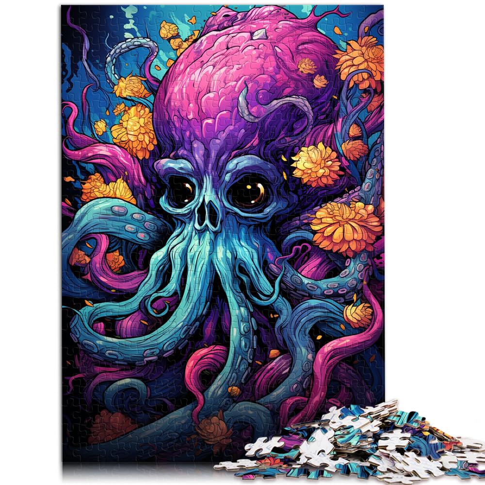 Puzzles Geschenke Spielzeug Gemälde eines bunten Totenkopf-Oktopus 1000-teiliges Puzzle für Erwachsene aus Holz zum Stressabbau, schwierige Herausforderung, 1000 Teile (50 x 75 cm)