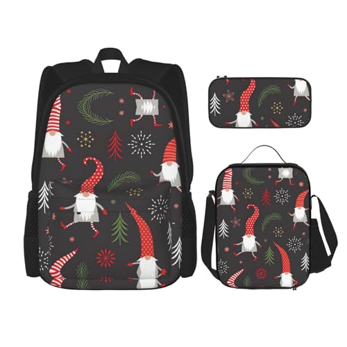 WURTON Weihnachtswichtel-Druck, verstellbare Schultergurte, Rucksack-Set, Lunchtasche, Federmäppchen, Kombinationstaschen-Set