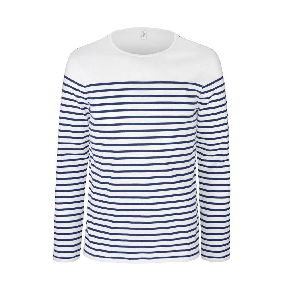 Maritimes Langarmshirt Herren Breton gestreift weiß blau Navy Marine Shirt T-Shirt Longsleeve mit Zierstick auf Schulter Weiss-Blau und Blau-Weiss S bis 3XL