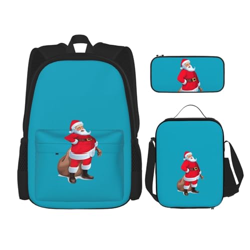 WURTON Niedlicher Rucksack mit Weihnachtsmann-Druck, für Mädchen und Jungen, Schultaschen, Teenager, Lunchbox und Federmäppchen, 3-in-1-Büchertaschen-Set