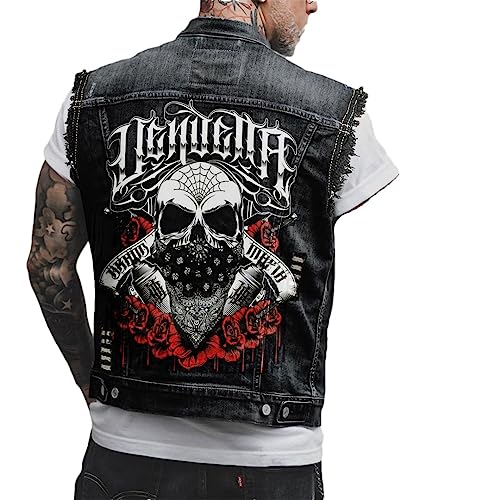 Hcclijo Herren Gothic Stil Personalisiertes Totenkopf Druckmuster Motorrad Reiten Punk Ärmellose Jeansweste black1 3XL