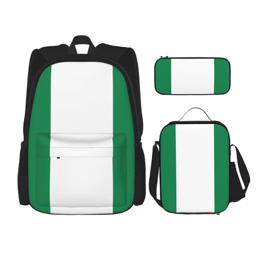 WURTON Schulrucksack-Set mit Nigeria-Flagge, 3-in-1, Büchertaschen-Set mit Lunchbox, Federmäppchen, Reise-Laptop-Tagesrucksäcke