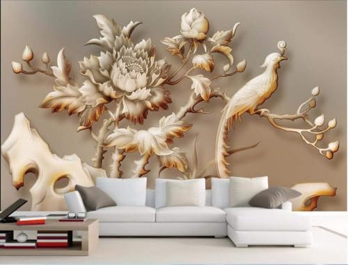 Große Jade Schnitzerei Pfingstrose Blume Vogel 3D Tapete Poster Restaurant Schlafzimmer Wohnzimmer Sofa TV Dekorative Wand-250cm×170cm