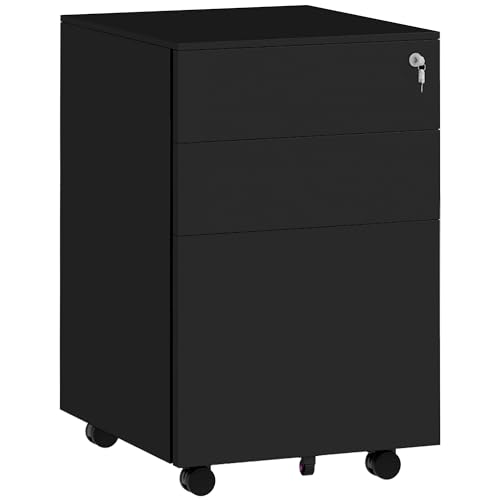 Vinsetto Rollcontainer mit 3 Schubladen, Aktenschrank mit Schloss, Bleistiftablage, Büroschrank für A4 Legal, Briefformat, Stahl, 37 x 43,5 x 60 cm, Schwarz