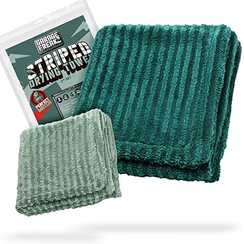 Hybrid Auto Trockentuch 2er Set - Striped Drying Towel - 1x XXL Mikrofasertuch groß 50x80cm, 1x 40x40cm, 1300 GSM - Extrem saugstarkes Handtuch - Garage Freaks