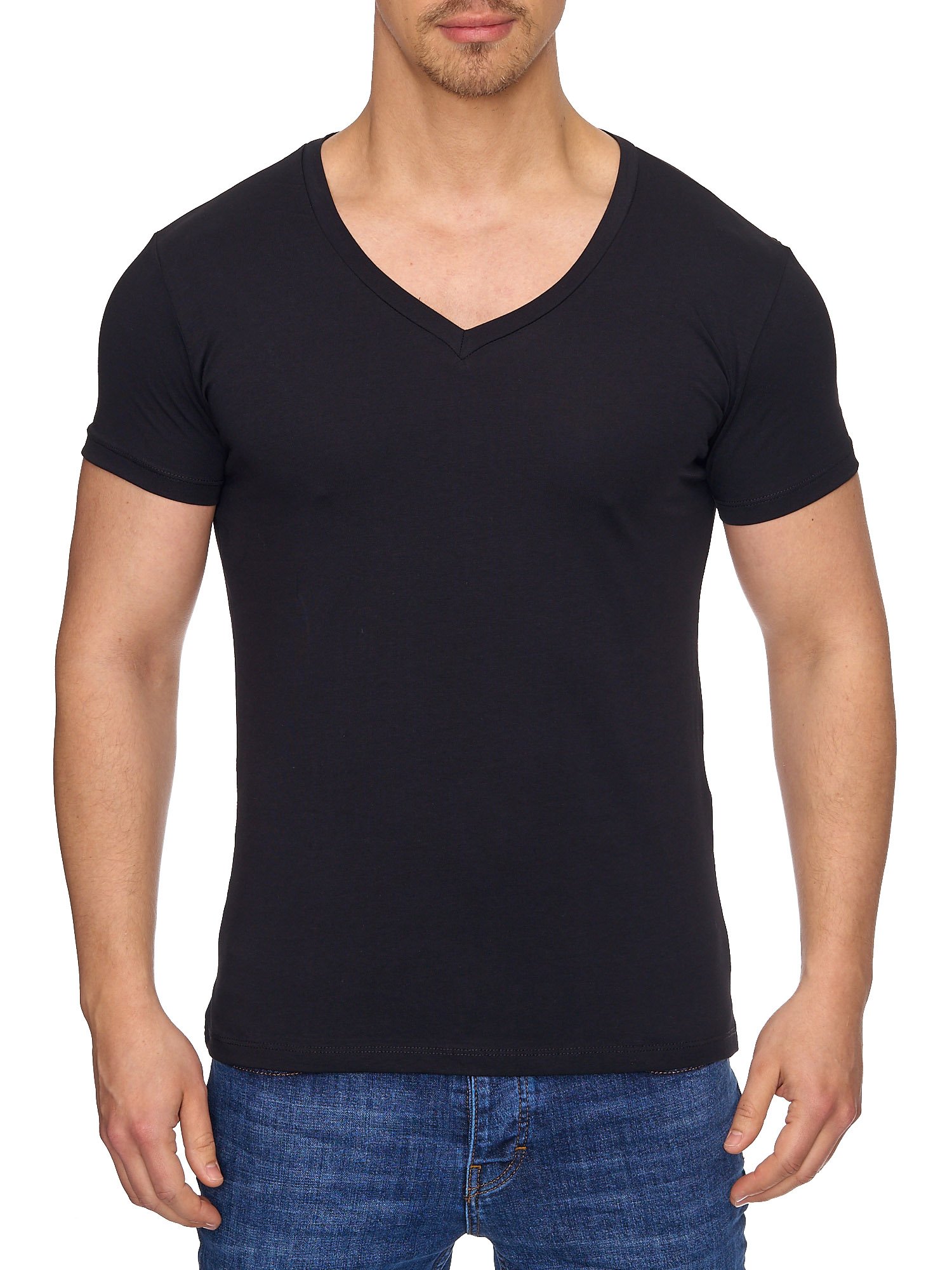 Reslad T-Shirt Herren mit V-Auschnitt Basic Shirt Herren Slim Fit Männer T-Shirts Kurzarm Baumwolle V-Neck 17100 Schwarz S