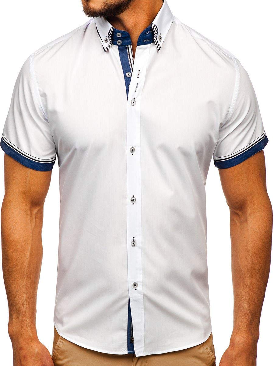 BOLF Herren Hemd Kurzarm Sommerhemd Figurbetont Bügelleicht Baumwollmischung Unifarben Basic Slim Fit 2911-1 Weiß L [2B2]