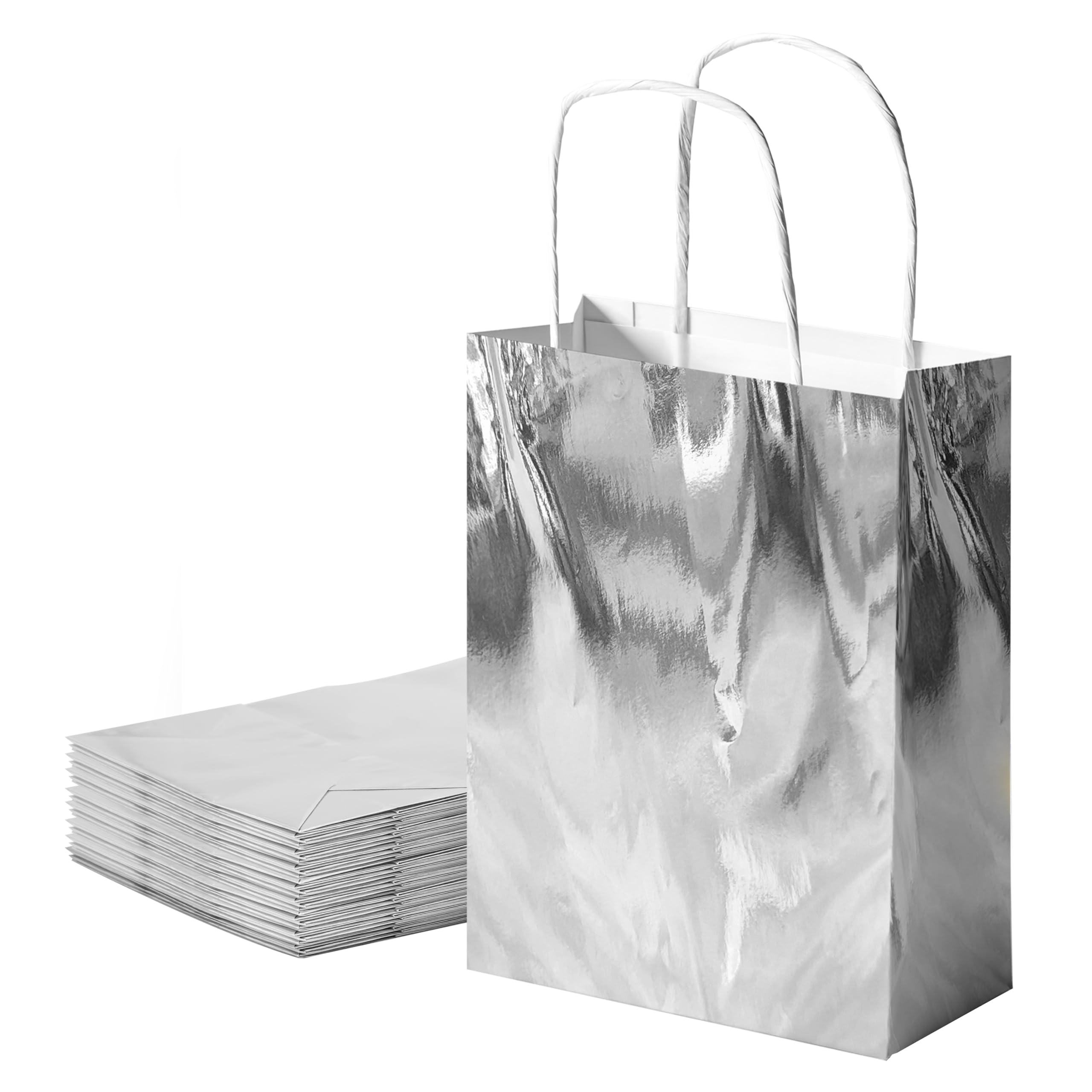 vinomacoo Papiertüten mit Griffen, 32,5 x 25,4 x 12,9 cm, Großpackung, Partytüten, Einkaufstüten, Einzelhandelstüten, Merchandise-Taschen, Geschenktüten, Business-Taschen, Silberfarben, 20 Stück