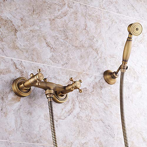 Badewannenarmatur - Wannenbatterie, Wand-Duscharmatur Mit Handbrause, Zweigriff Bronze Retro Messing Wannenarmatur, Mit Keramikkartusche - Wandhalterung, Aufputz Wannenmischer - Dusche Set