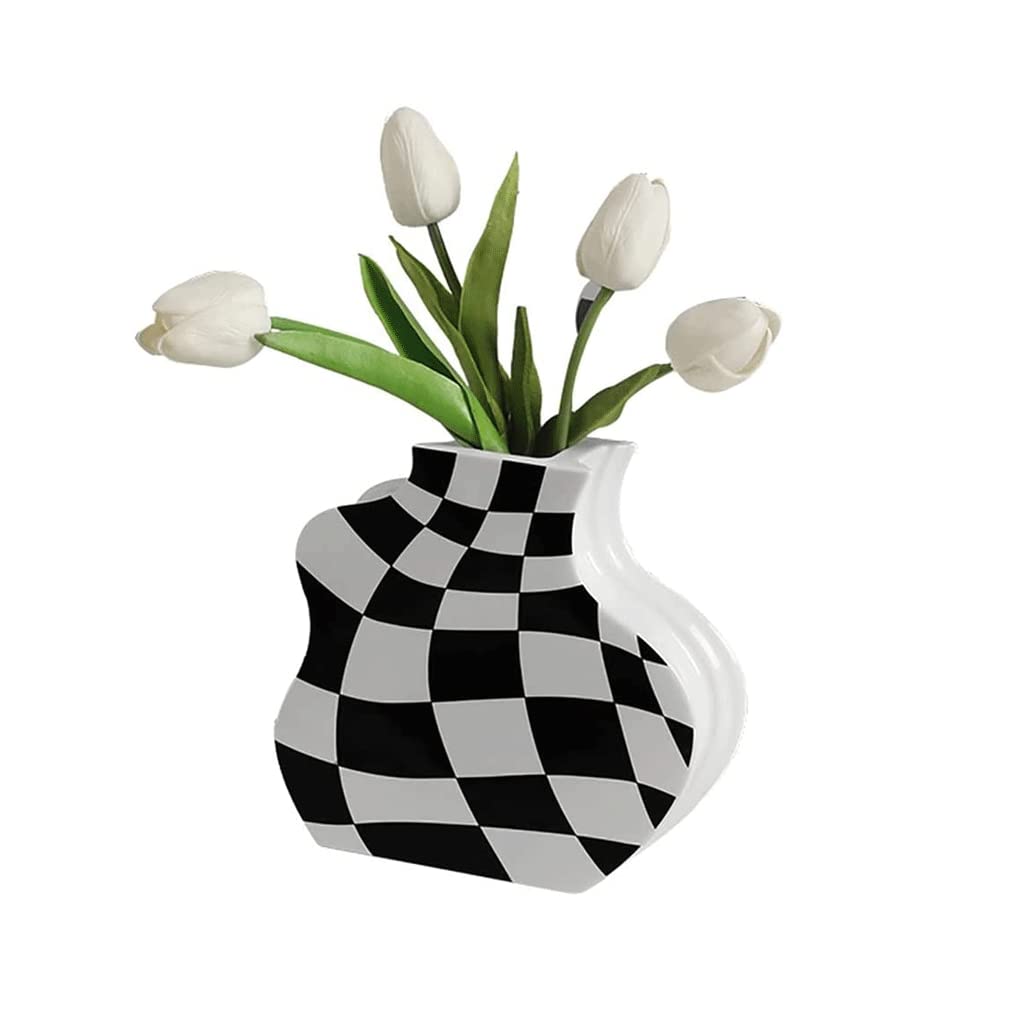 AAPIE Weiße und Schwarze Vase, Schachbrettmuster, Vasen für Blumen, unregelmäßiges geometrisches Design, Bodenvase für Büro, Firma, Zuhause