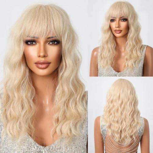 Lange dunkelbraune synthetische lockige Perücke mit Pony für Frauen, Highlight-blonde, gewellte Naturhaar-Perücke, hitzebeständig, für den täglichen Gebrauch, Party-Perücke WL1089-1