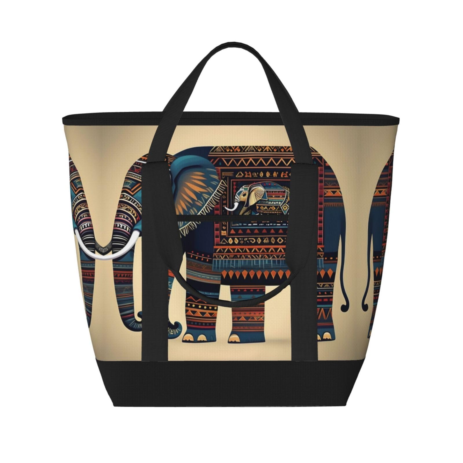 YQxwJL Isolierte Kühltasche mit Azteken-Elefanten-Druck, großes Fassungsvermögen, Einkaufstasche, Reisetasche, Strand, wiederverwendbare Einkaufstasche für Erwachsene, Schwarz, Einheitsgröße