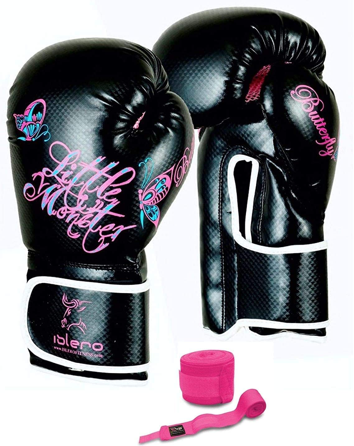 Islero Fitness Damen-Boxhandschuhe, Gel, für MMA, Boxsack, Leder, Sparring, Muay Thai, Kickboxen, mit gratis rosa Boxbandagen (400 g)