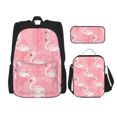 WURTON Summer Flamingo Palm Leaves Print Lunchbox Federmäppchen Rucksack Set 3 Stück Verstellbare Träger Langlebig Leicht, Schwarz, One Size