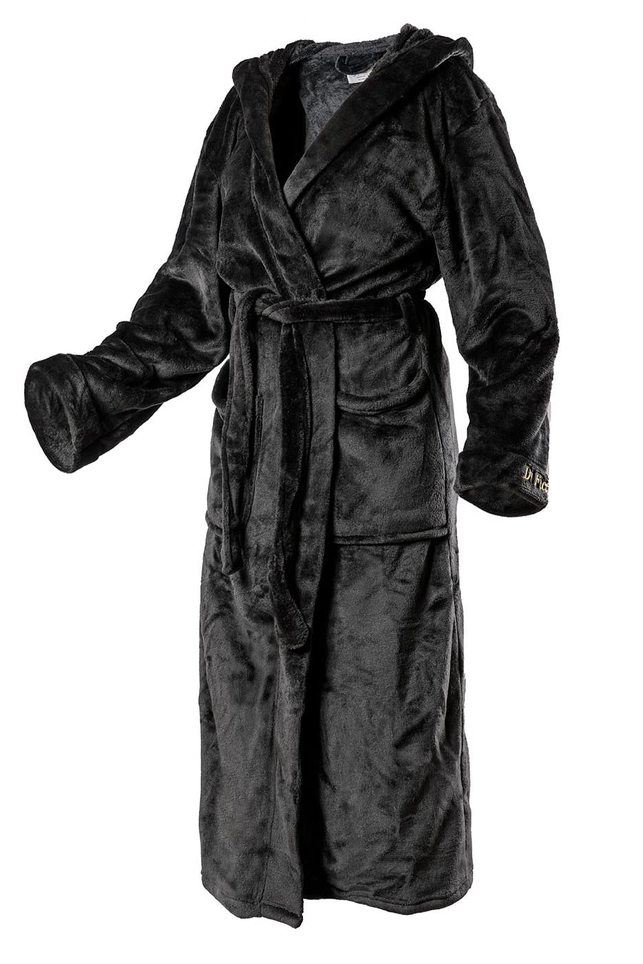 Di Ficchiano Unisex Herren Damen Bademantel mit Kapuze I Morgenmantel flauschig I Nachtwäsche aus edler Mikrofaser I Kimono Farbe: Shiny-Black, Gr. M