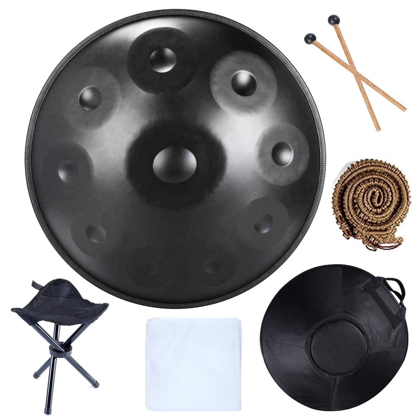 22-Zoll-Handpan-Trommel, D-Moll 9/10/12 Hinweis Handtrommel Aus Stahl, mit Weicher Handpan-Tasche, 2 HandpanschläGel, Handpan-StäNder, Kann mit Drumstick Gespielt Werden,Black 10 tones,22in