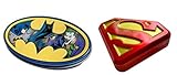 DC Comic Candy Tins – zwei (2) Sammeldosen Batman Nemesis und Superman-S-Shield gefüllt mit blauen Himbeer- und Sauerkirschgeschmack-Süßigkeiten – Batman & Superman-Logo in Form von Süßigkeiten