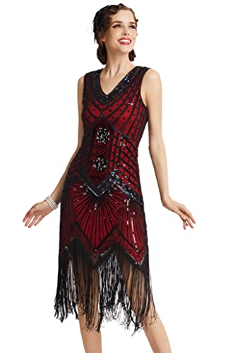 BABEYOND Damen Flapper Kleider voller Pailletten Retro 1920er Jahre Stil V-Ausschnitt Great Gatsby Motto Party Damen Kostüm Kleid (Größe S / UK8-10 / EU36-38, Rot)