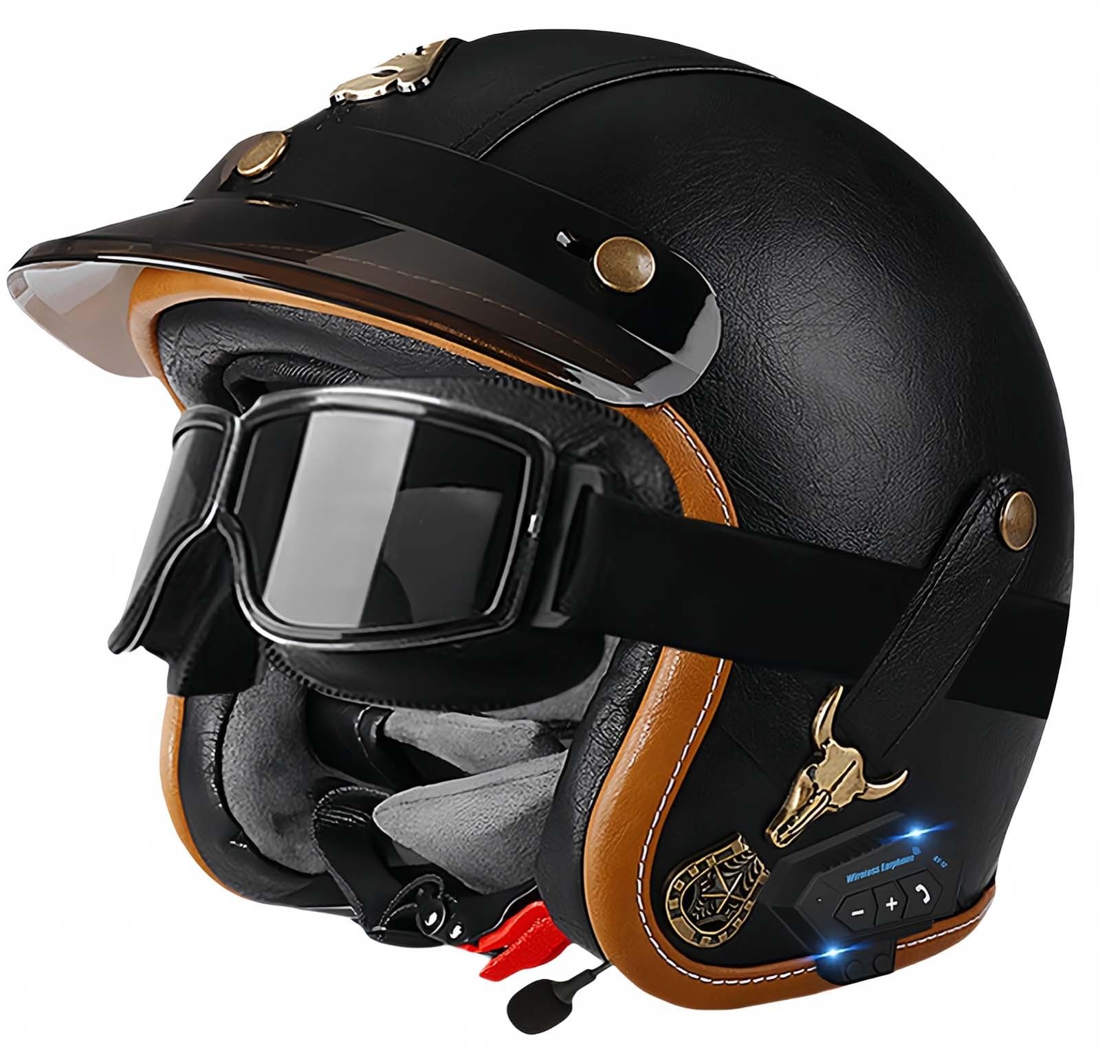 Bluetooth-Helme, Vintage-Motorrad-Halbhelm, ECE-geprüfter offener Mopedhelm mit doppelter Größenverstellung für Cruiser-Bikes, Erwachsene, Männer und Frauen B,M54-56CM