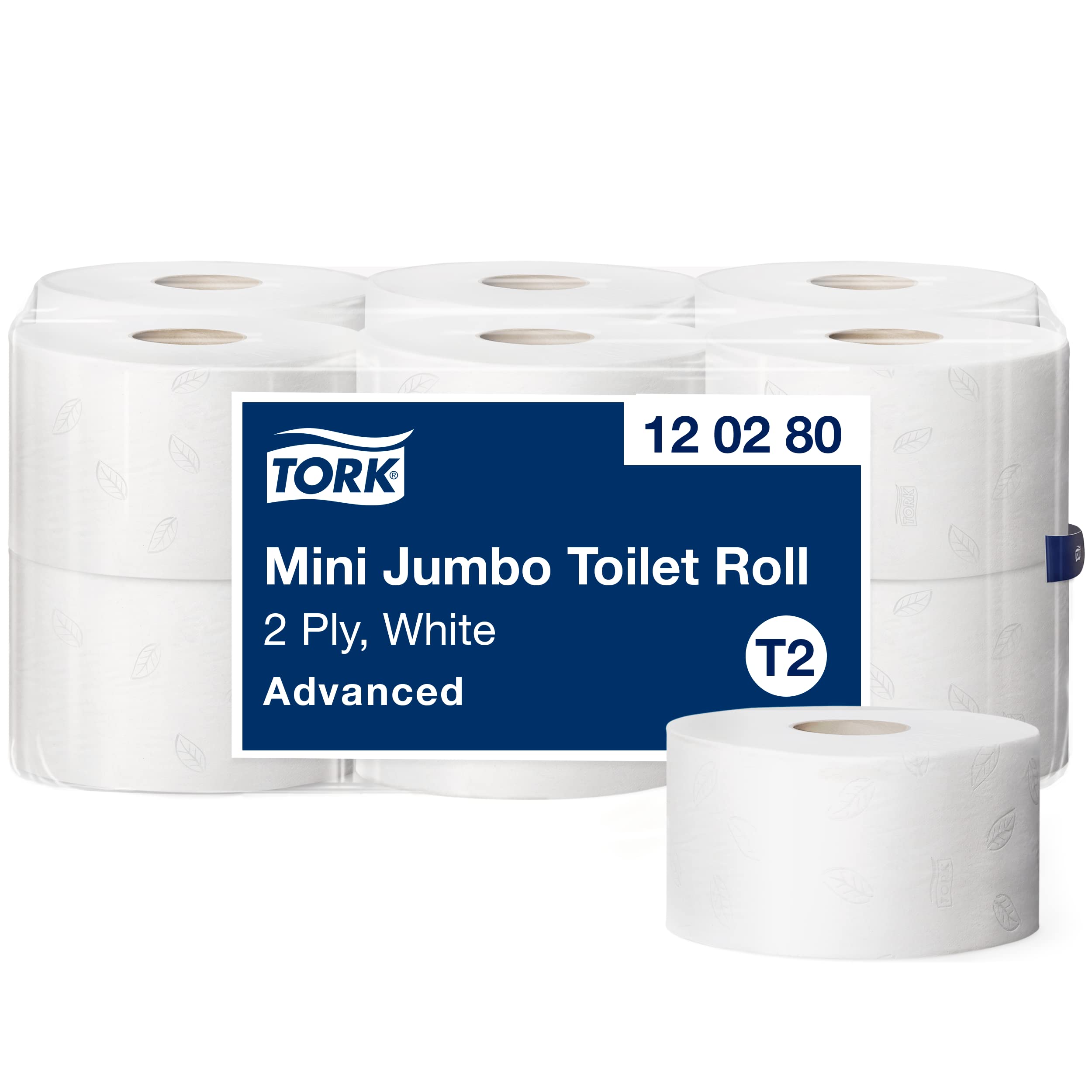 Tork 120280 Mini Jumbo Toilettenpapier in Advanced Qualität für das Tork T2 Mini Jumbo Toilettenpapiersystem / Toilettenpapier 2-lagig in Weiß, 12 x 850 Blatt