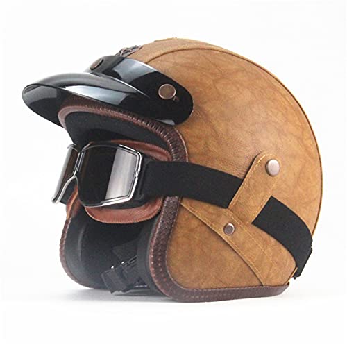 BGMKE Retro Motorrad Halbhelme Erwachsenen Leder-Helm Halber Motorradhelm Cruiser Scooter-Helm Jethelm Für Damen Und Herren Rollerhelm Mode Halboffener Helm Mit Schutzbrille ECE Zertifizierung