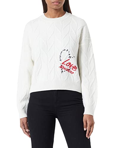 Love Moschino Women's Oversize fit Long-Sleeved Roundneck with Heart and Logo Embroidery Pullover Sweater, White, 44