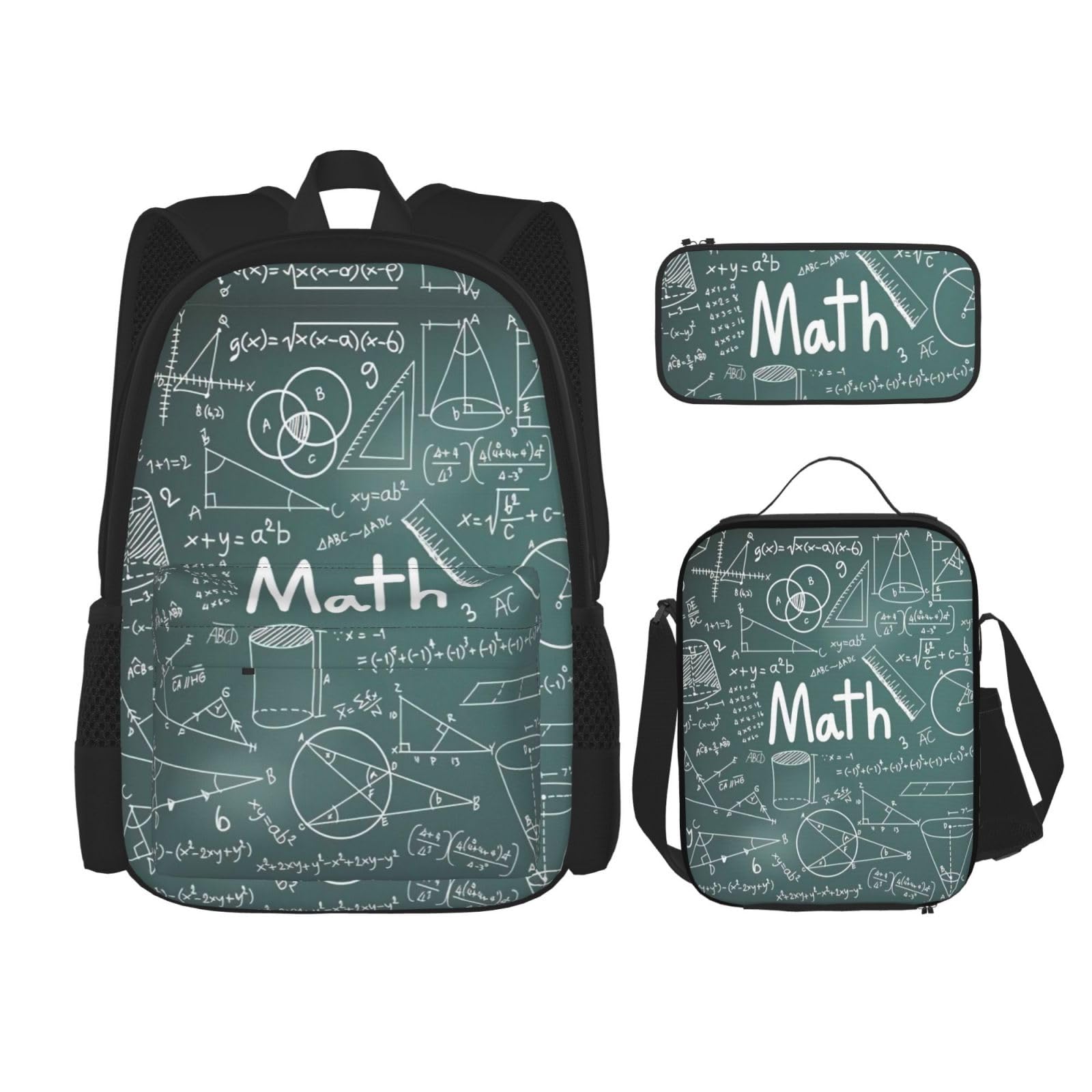 WURTON Formulas Shapes Theory Mathematikunterricht Wortdruck Rucksack Mädchen Jungen Schultaschen Teenager Lunchbox und Federmäppchen 3-in-1 Büchertaschen-Set, Schwarz, Einheitsgröße