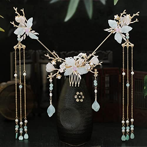 Haargabel, Haarstäbchen, Haarspangen for Frauen, chinesisches Hanfu-Haar-Accessoires-Set, lange Fransen, Vintage-Haarnadeln, Blume, handgefertigte Haarstäbchen for Frauen, traditioneller Retro-Schmuck