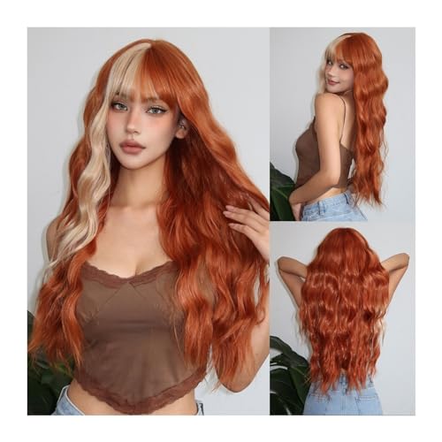 Perücken Hitzebeständige Cosplay-Perücke for Frauen, orange, lange gewellte Perücke mit Pony, blonde Highlight-Perücke, natürliche Welle, Urlaubs-Kunsthaar-Perücken Damenperücke(WL1191-1)