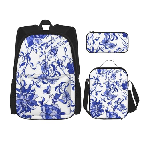 DENMER Wunderschöner Mehrzweck-Schulranzen mit passendem Federmäppchen und Lunchtasche, stilvolle All-in-One-Lösung, Blaue schöne Blume, Einheitsgröße