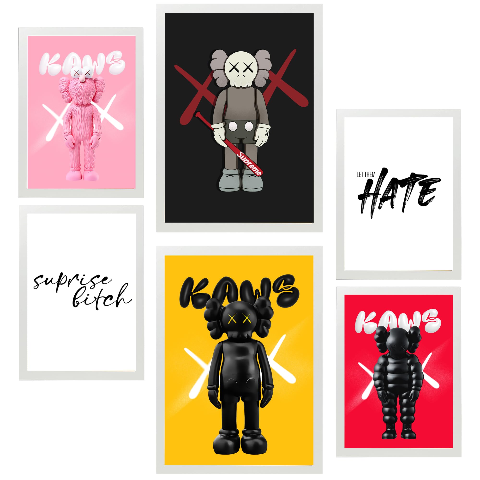 Nacnic 6er-Set Messaggio iconico di Kaws Gerahmtes Poster mit Design-Illustrationen zur Dekoration der Wände Ihres Zuhause Zimmer Büro im A3 & A4 Weißer Rahmen