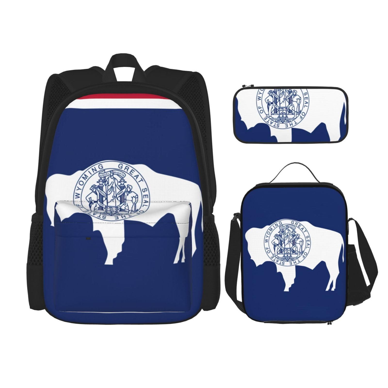 WURTON Wyoming Staatsflagge Druck Reise Lunchbox Federmäppchen Rucksack Set 3 Stück Verstellbare Träger Leicht, Schwarz, Einheitsgröße, Schwarz, One Size