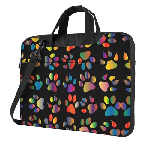 Laptoptasche mit buntem Hundepfotenabdruck, Kuriertasche, für Herren und Damen, wasserabweisend, mit Griff, Schultergurt, Schwarz, 14 inch