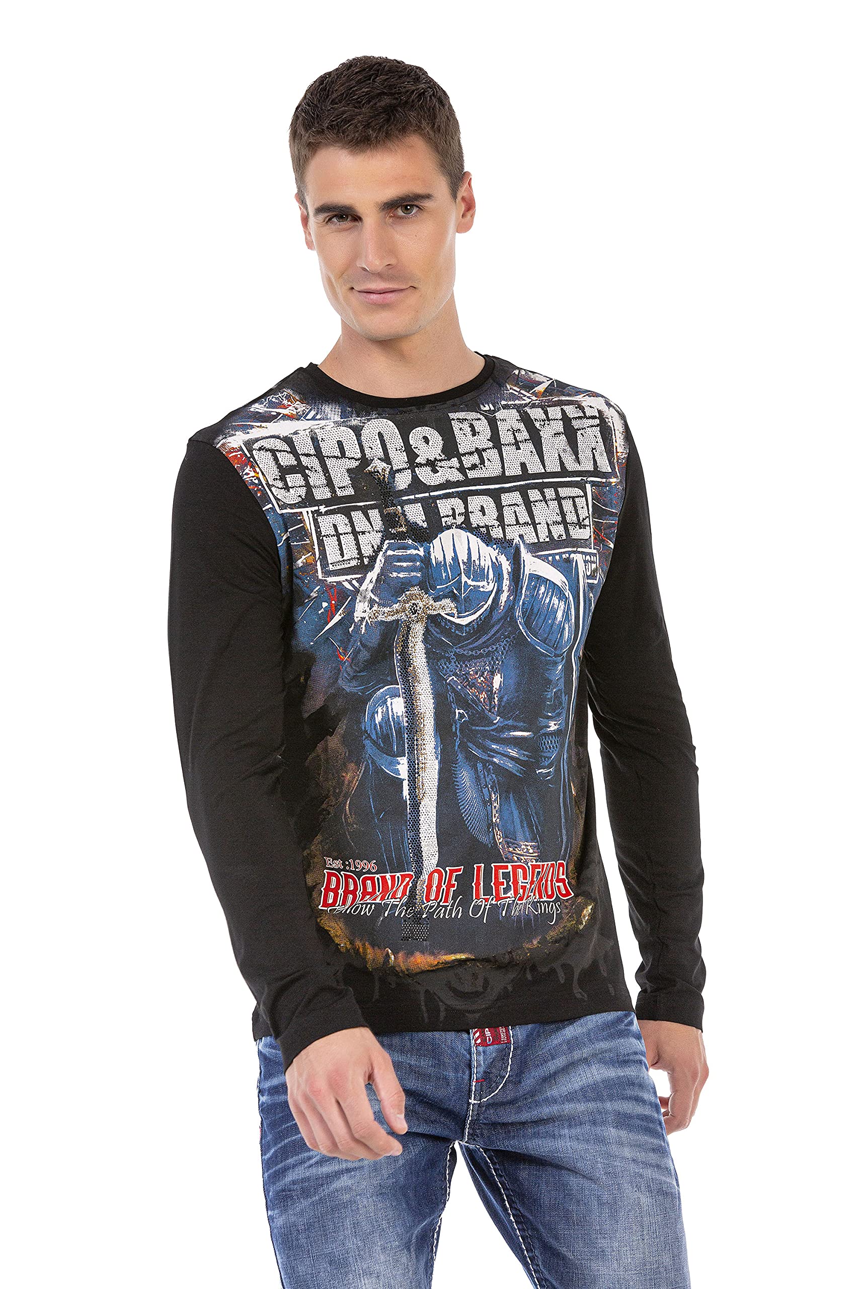 Cipo & Baxx Herren Langarmshirt Rundhals Print Longsleeve Longshirt Sweatshirt CL452 Schwarz XL