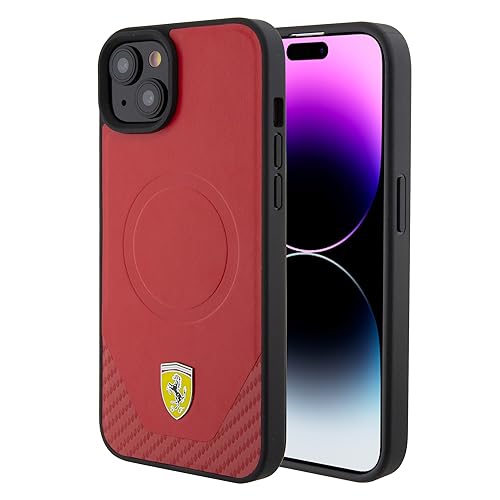 CG MOBILE Ferrari iPhone 15 Handyhülle Hardcase-Rückseite -Kompatibel mit Magsafe iPhone 15- Carbon - Schwarz (Rot)