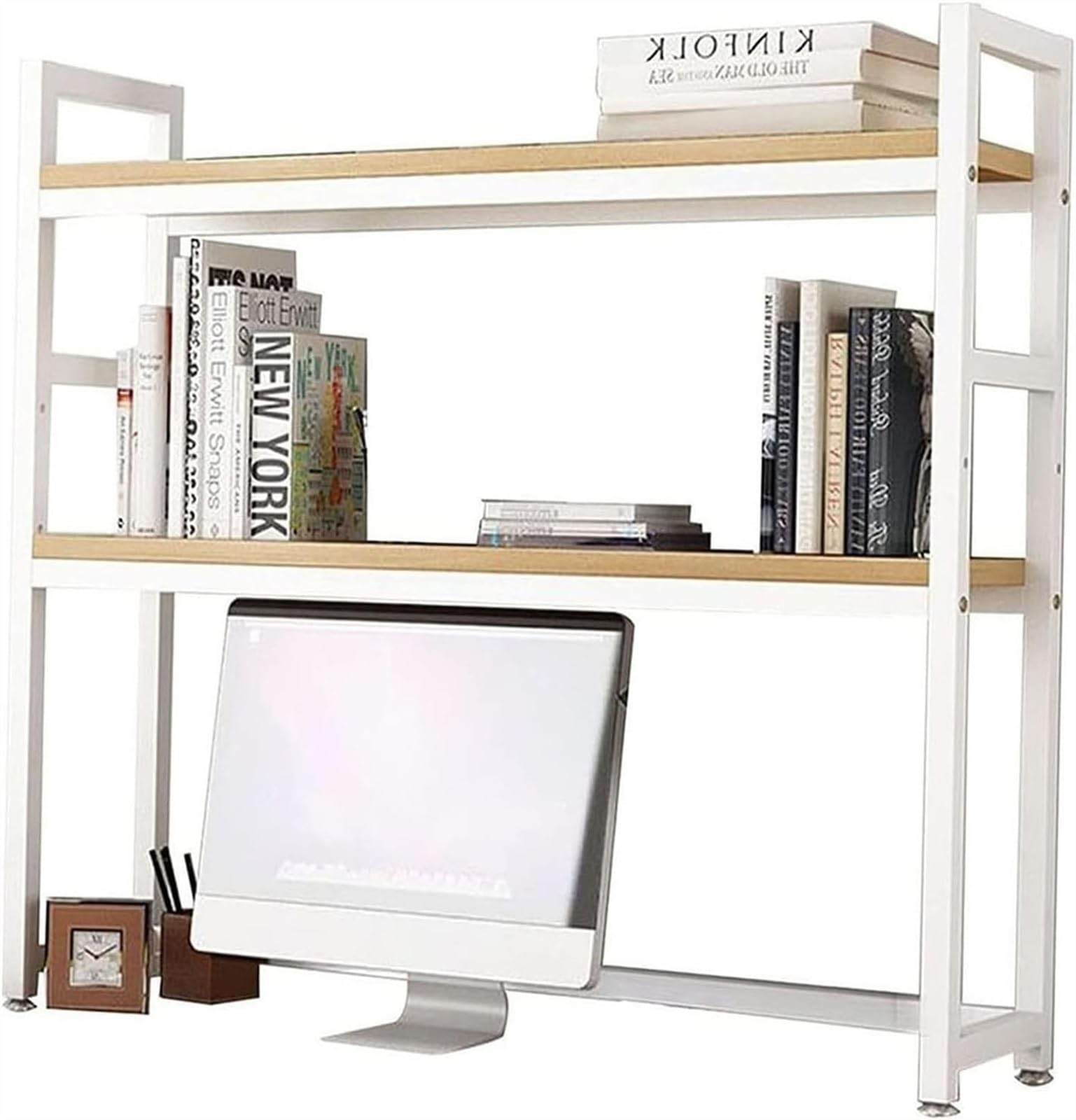 QYZUJIKL Desktop-Bücherregal Desktop-Bücherregal für Computertisch - Verstellbares Schreibtisch-Bücherregal, Schreibtisch-Organizer-Gestell aus Holz und Metall