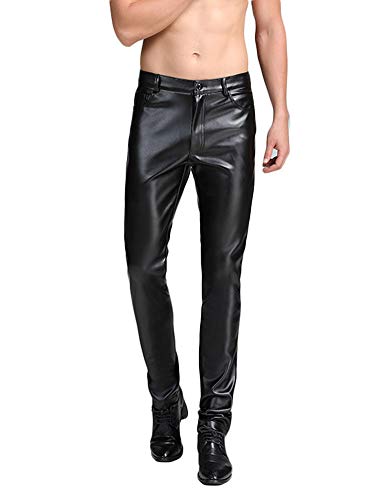 Idopy Herren Schwarz Slim Fit Business Hose Soft PU Kunstleder Fashion Biker Pants 34