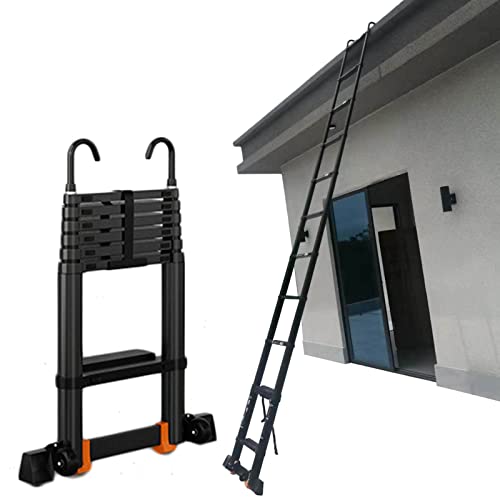 RASOANOA Teleskopleiter aus Aluminium für 6 m/5 m/4 m/3 m/2 m Dachzelt/Dachboden/Wohnmobil, Schwarze ausziehbare Teleskopleiter mit abnehmbarem Haken und Stabilisatorstange, Tragkraft 150 kg (Größe: