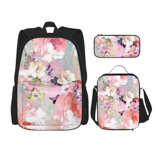 DENMER Mehrzweck-Schultasche mit passendem Federmäppchen und Lunchtasche - Ihre stilvolle All-in-One-Lösung, Süße rosa Blume, Einheitsgröße