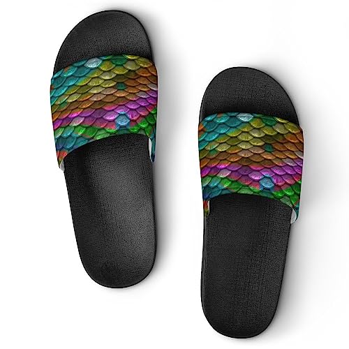 HABXNJF Duschpantoffeln, Regenbogenfischschuppen Slider für Männer und Frauen, rutschfeste Slides für Indoor, Outdoor, Schwarze Fischschuppen in Regenbogenfarben, 39 EU