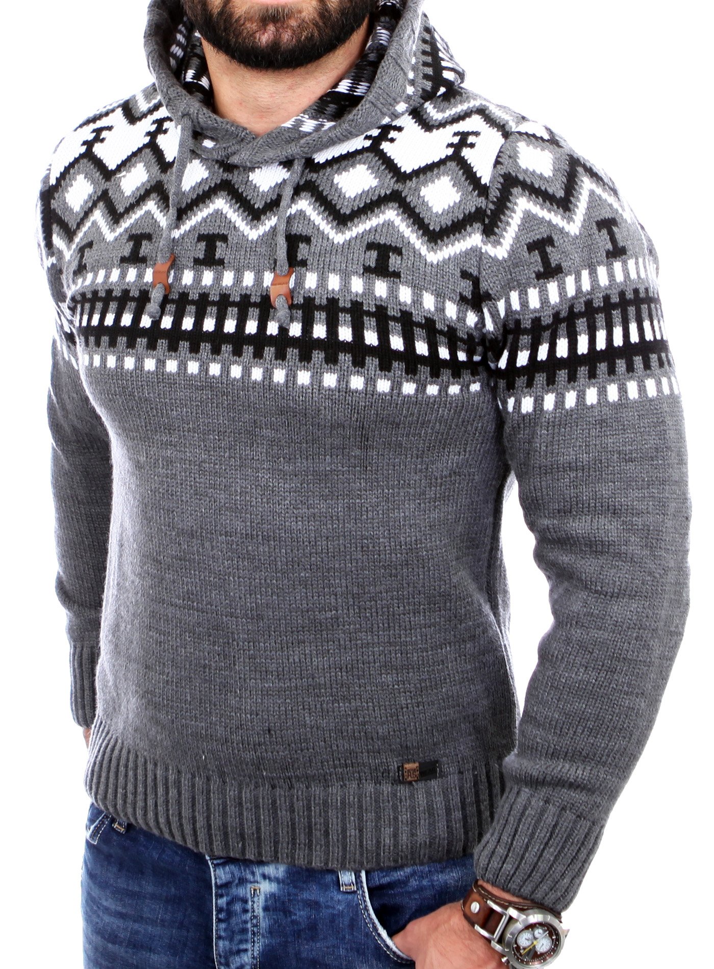 Reslad Norweger Pullover Herren Winterpullover Kapuzenpullover | Strickpullover für Männer RS-3013 (XL, Anthrazit)