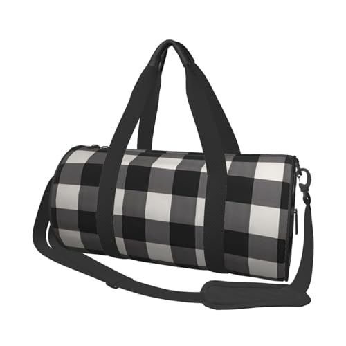 Monochrome karierte Reisetasche, Handgepäcktasche, Wochenendtasche, Übernachtungstasche, Sport, Turnbeutel für Damen und Herren, faltbar, runde Reisetasche für Reisen, Sport, Fitnessstudio, Schwarz,