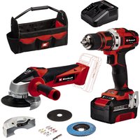 Einhell Akku-Bohrschrauber TE-CD 18/40 Li + Akku-Winkelschleifer TC-AG 18/115 Li Power X-Change (Li-Ion, 2x 18 V, inkl. 1x 4 Ah Akku und Ladegerät, Winkelschleifer-Zubehör, Bit-Box, Tasche)