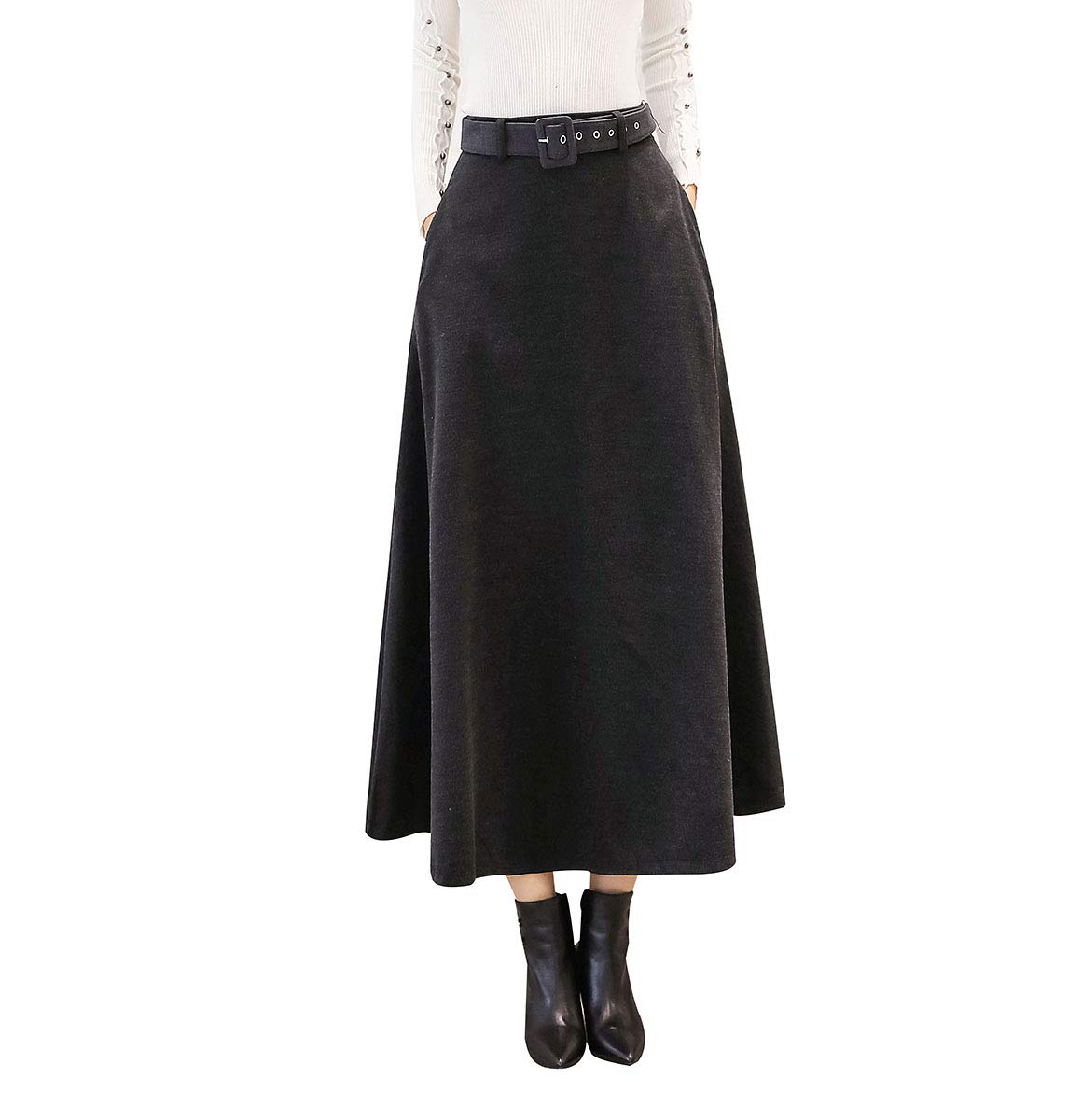 Damen Rock Lang Winterrock Wollrock Warm Hohe Taille Elegante Vintage Rock Casual A-Linie Maxi Rock Faltenrock (L, Grau)