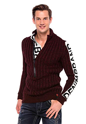 Cipo & Baxx Herren Pullover Strickpullover Sweater Sweatshirt Grobstrickpullover Hoodie Burgundy-Ecru L